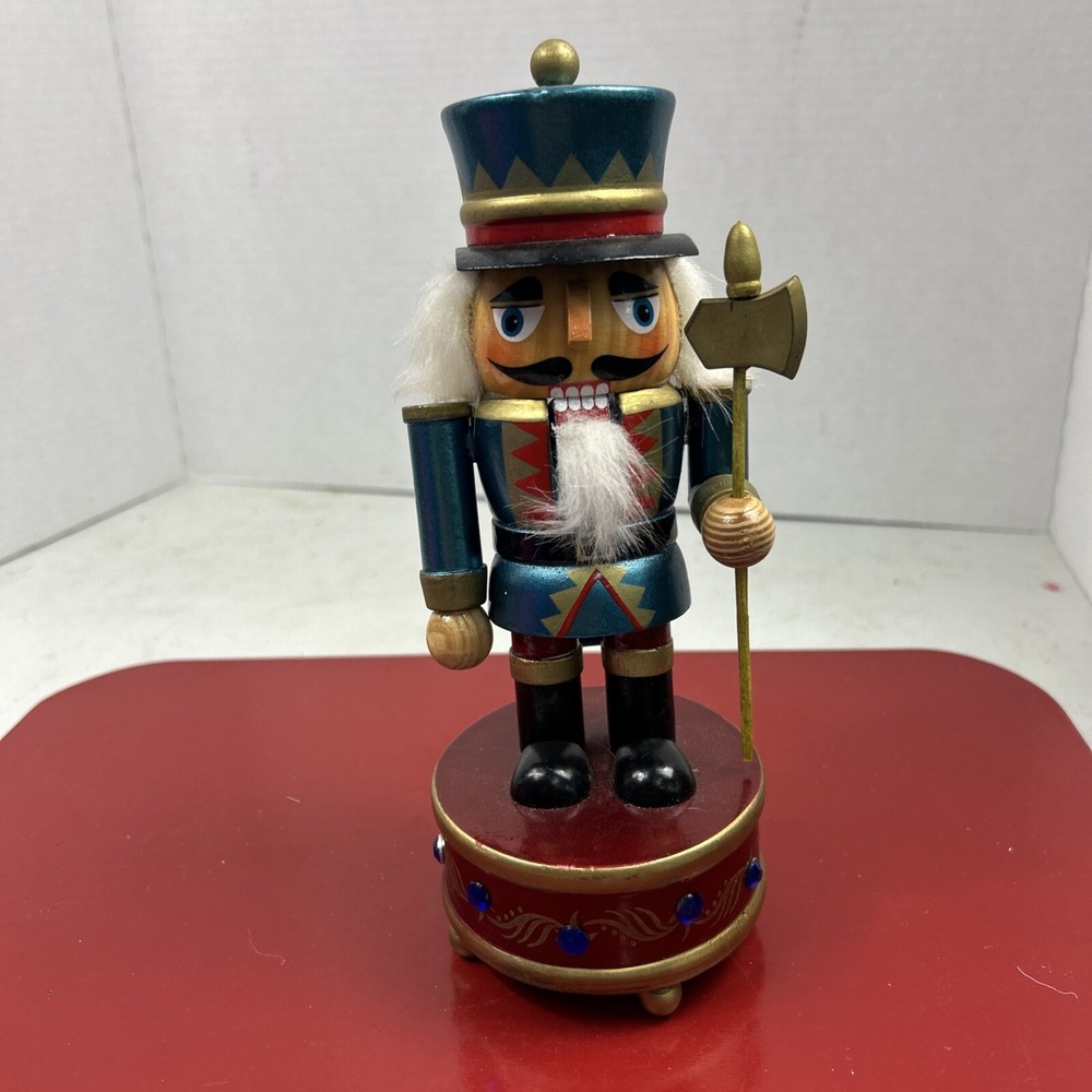 Wooden Nutcracker Wind-up Musical Marching Soldier w/ Ax 9" Christmas Decor.